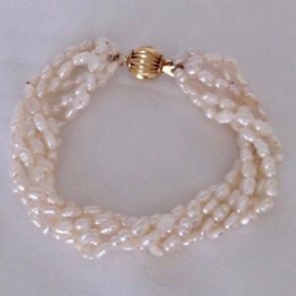 💲SALE 💲Freshwater Genuine Keshi Pearl Torsade Bracelet Goldtone Clasp - Picture 2 of 4